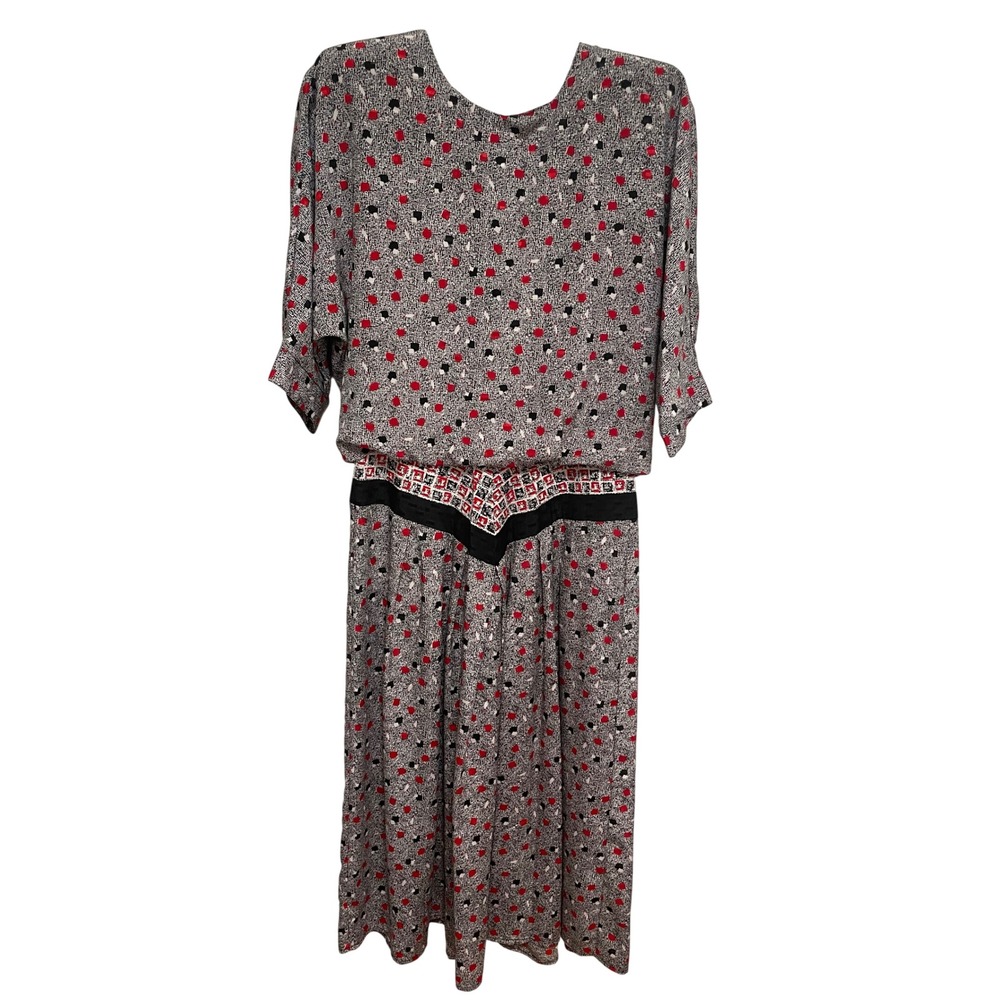 Vintage Midi Dress 80s Geometric Print Red Black Blouson Waist Size Med